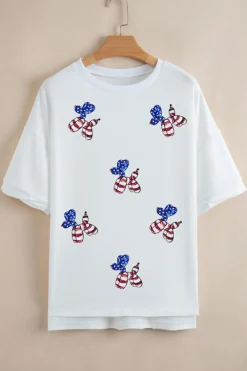 Online Dear-Lover Sequin USA Flag Balloon Puppy Graphic Drop Shoulder High Low Tee White