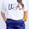 Sale Dear-Lover Sequin USA Graphic Crew Neck Patriotic Tee White