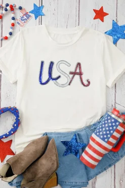 Sale Dear-Lover Sequin USA Graphic Crew Neck Patriotic Tee White