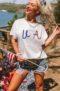 Sale Dear-Lover Sequin USA Graphic Crew Neck Patriotic Tee White