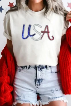 Sale Dear-Lover Sequin USA Graphic Crew Neck Patriotic Tee White