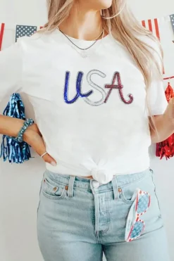 Sale Dear-Lover Sequin USA Graphic Crew Neck Patriotic Tee White