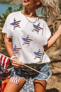 Discount Dear-Lover Sequined American Flag Star Graphic T Shirt White
