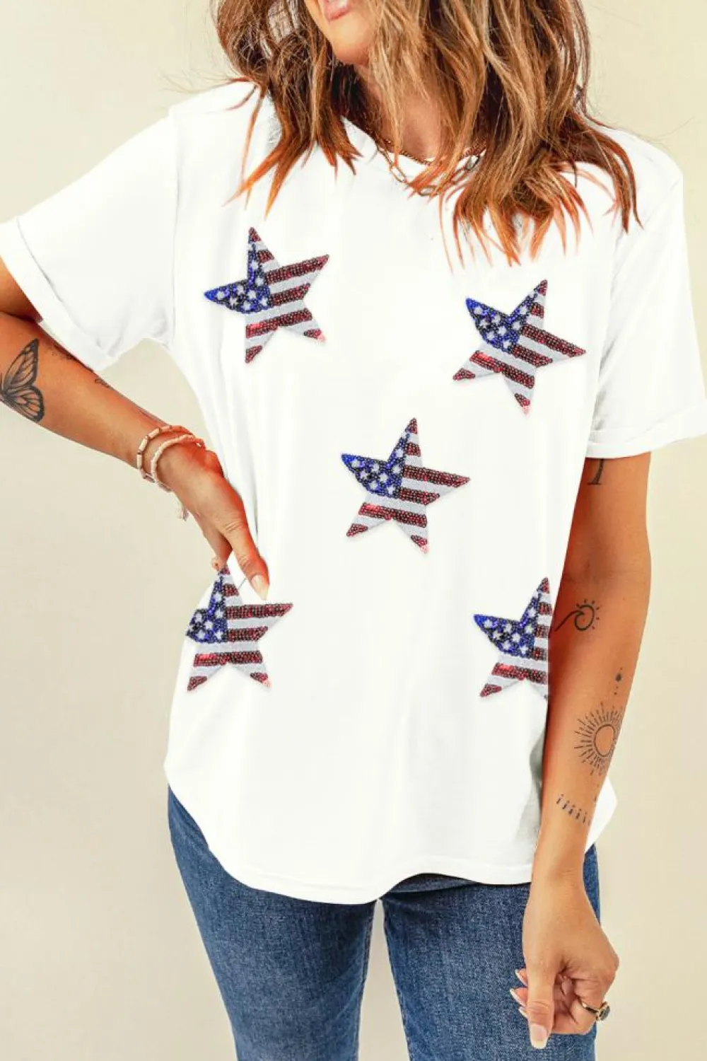 Discount Dear-Lover Sequined American Flag Star Graphic T Shirt White