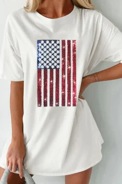 Discount Dear-Lover Sequined American Flag Crewneck Oversized Tee White