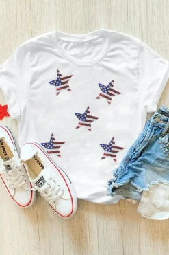 Discount Dear-Lover Sequined American Flag Star Graphic T Shirt White