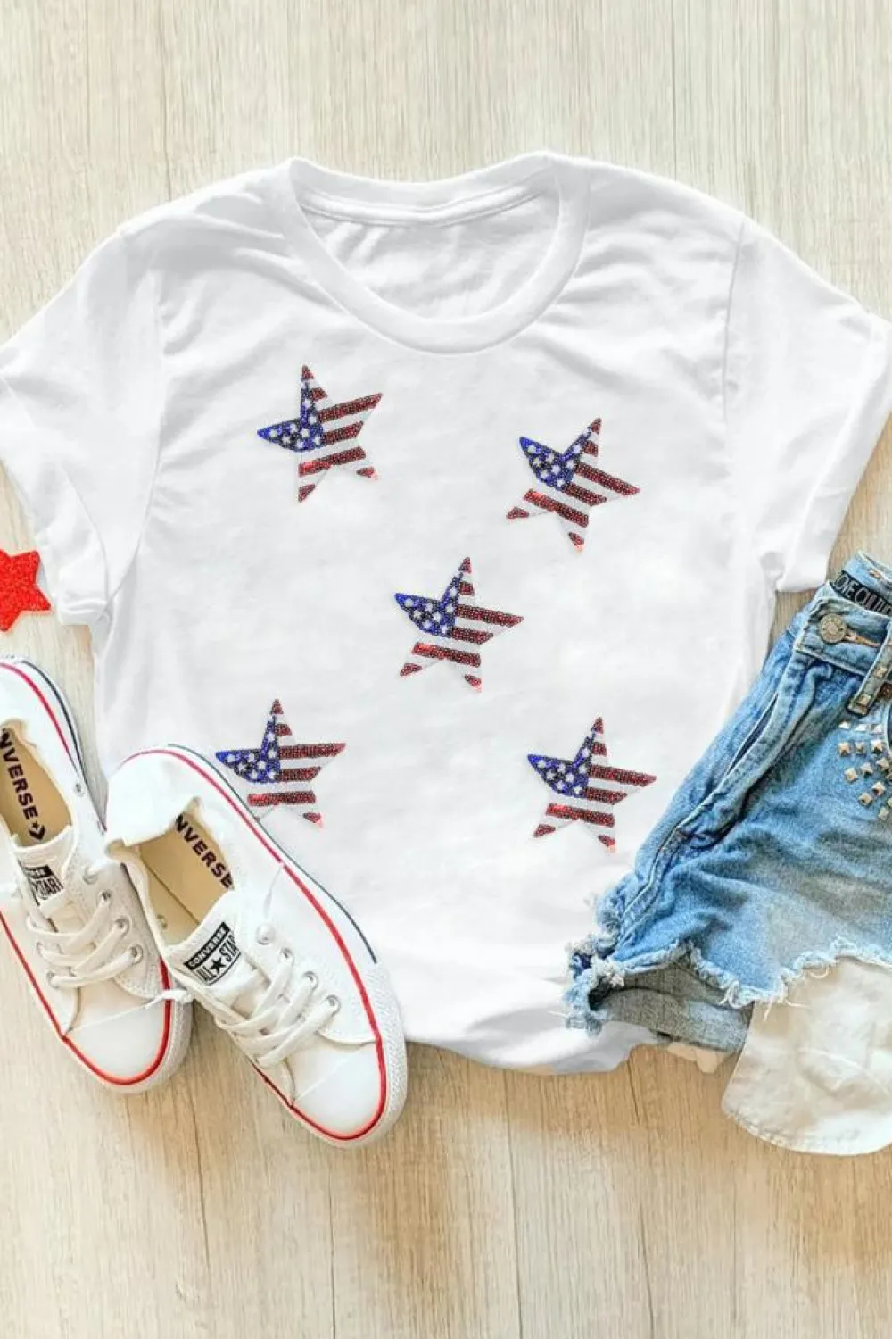 Discount Dear-Lover Sequined American Flag Star Graphic T Shirt White