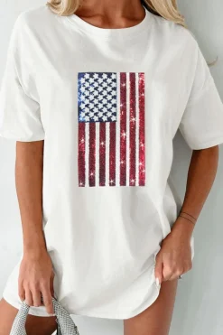 Discount Dear-Lover Sequined American Flag Crewneck Oversized Tee White