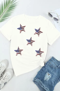 Discount Dear-Lover Sequined American Flag Star Graphic T Shirt White