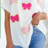 Hot Dear-Lover Sequined Bow Patched Short Sleeve Top White