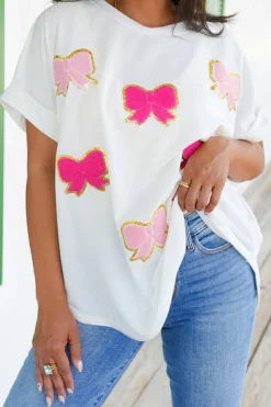Hot Dear-Lover Sequined Bow Patched Short Sleeve Top White
