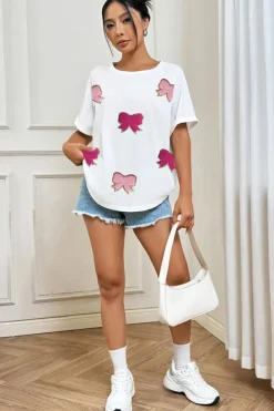 Hot Dear-Lover Sequined Bow Patched Short Sleeve Top White