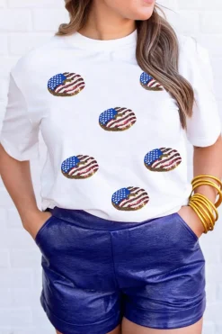 Sale Dear-Lover Sequined Flag Pattern Donuts Graphic T Shirt White