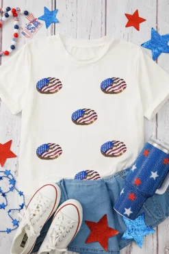Sale Dear-Lover Sequined Flag Pattern Donuts Graphic T Shirt White