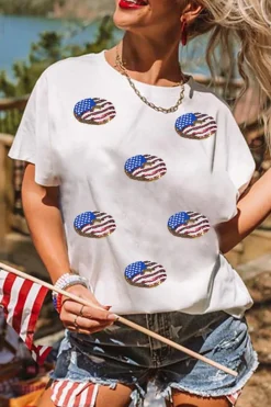 Sale Dear-Lover Sequined Flag Pattern Donuts Graphic T Shirt White