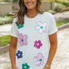 Sale Dear-Lover Sequined Flower Pattern Round Neck T Shirt White