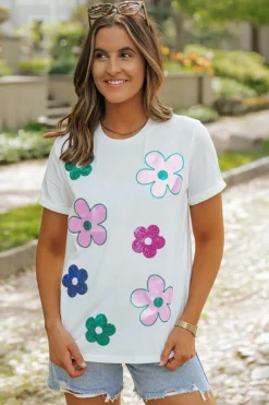Sale Dear-Lover Sequined Flower Pattern Round Neck T Shirt White