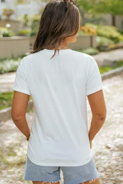 Sale Dear-Lover Sequined Flower Pattern Round Neck T Shirt White
