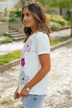 Sale Dear-Lover Sequined Flower Pattern Round Neck T Shirt White