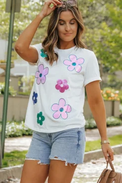 Sale Dear-Lover Sequined Flower Pattern Round Neck T Shirt White