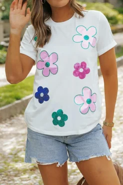 Sale Dear-Lover Sequined Flower Pattern Round Neck T Shirt White