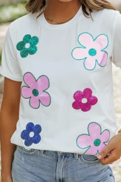Sale Dear-Lover Sequined Flower Pattern Round Neck T Shirt White