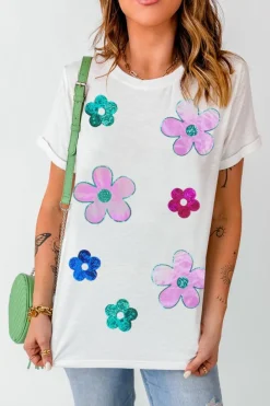 Sale Dear-Lover Sequined Flower Pattern Round Neck T Shirt White