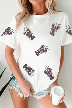 Hot Dear-Lover Sequined Lobster Crewneck Tee White