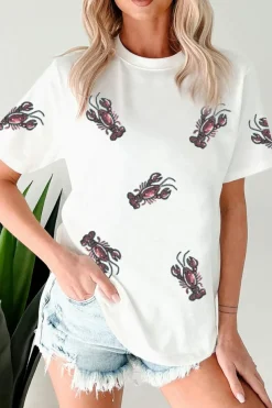 Hot Dear-Lover Sequined Lobster Crewneck Tee White