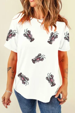 Hot Dear-Lover Sequined Lobster Crewneck Tee White