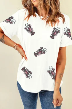 Hot Dear-Lover Sequined Lobster Crewneck Tee White