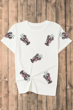 Hot Dear-Lover Sequined Lobster Crewneck Tee White