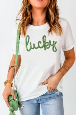Best Dear-Lover Sequined Lucky St.Patricks Day Graphic Tee White