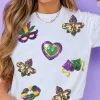 Hot Dear-Lover Sequined Mardi Gras Symbolic Pattern Casual Tee White