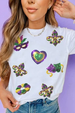 Hot Dear-Lover Sequined Mardi Gras Symbolic Pattern Casual Tee White