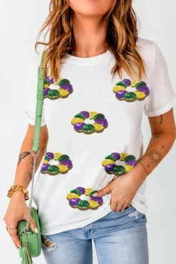Sale Dear-Lover Sequined Mardi Gras Pattern Crew Neck Short Sleeve Top White