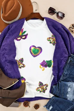 Hot Dear-Lover Sequined Mardi Gras Symbolic Pattern Casual Tee White