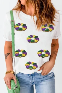 Sale Dear-Lover Sequined Mardi Gras Pattern Crew Neck Short Sleeve Top White