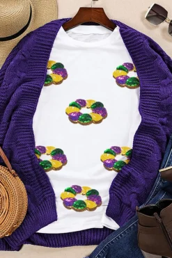 Sale Dear-Lover Sequined Mardi Gras Pattern Crew Neck Short Sleeve Top White