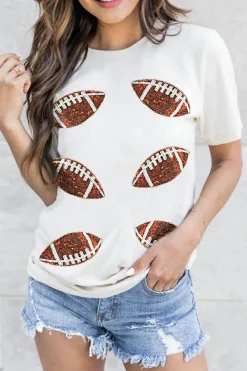 Hot Dear-Lover Sequined Rugby Football Graphic Cotton T Shirt White