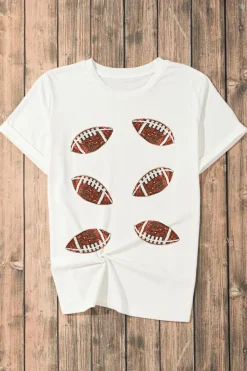 Hot Dear-Lover Sequined Rugby Football Graphic Cotton T Shirt White