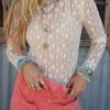 Outlet Dear-Lover Sheer Floral Lace Long Sleeve Slim Fit Top White