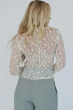 Outlet Dear-Lover Sheer Floral Lace Long Sleeve Slim Fit Top White