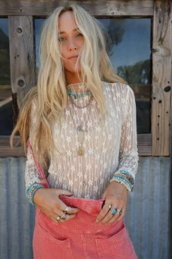 Outlet Dear-Lover Sheer Floral Lace Long Sleeve Slim Fit Top White