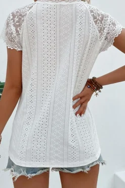 Outlet Dear-Lover Sheer Lace Short Sleeves Eyelet Embroidered Tee White