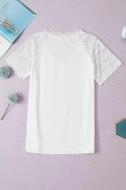 Outlet Dear-Lover Sheer Lace Short Sleeves Eyelet Embroidered Tee White