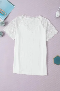 Outlet Dear-Lover Sheer Lace Short Sleeves Eyelet Embroidered Tee White