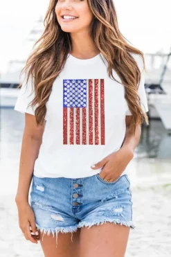 Discount Dear-Lover Shimmery Flag Graphic Tee White