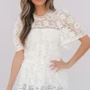 Discount Dear-Lover Short Sleeve Scalloped Floral Lace Peplum Blouse White