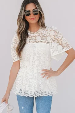 Discount Dear-Lover Short Sleeve Scalloped Floral Lace Peplum Blouse White
